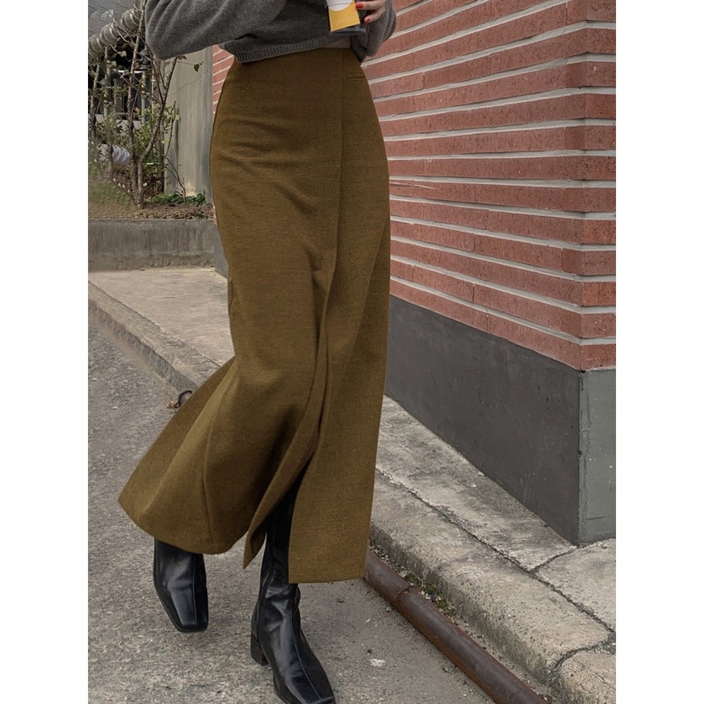 COMMENSE Dark Brown High Waist Slit Maxi Skirt Tailored Minimalist Size M